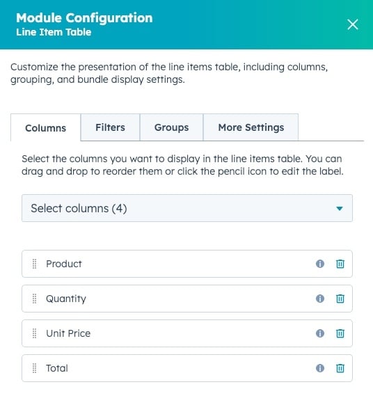 Line item columns
